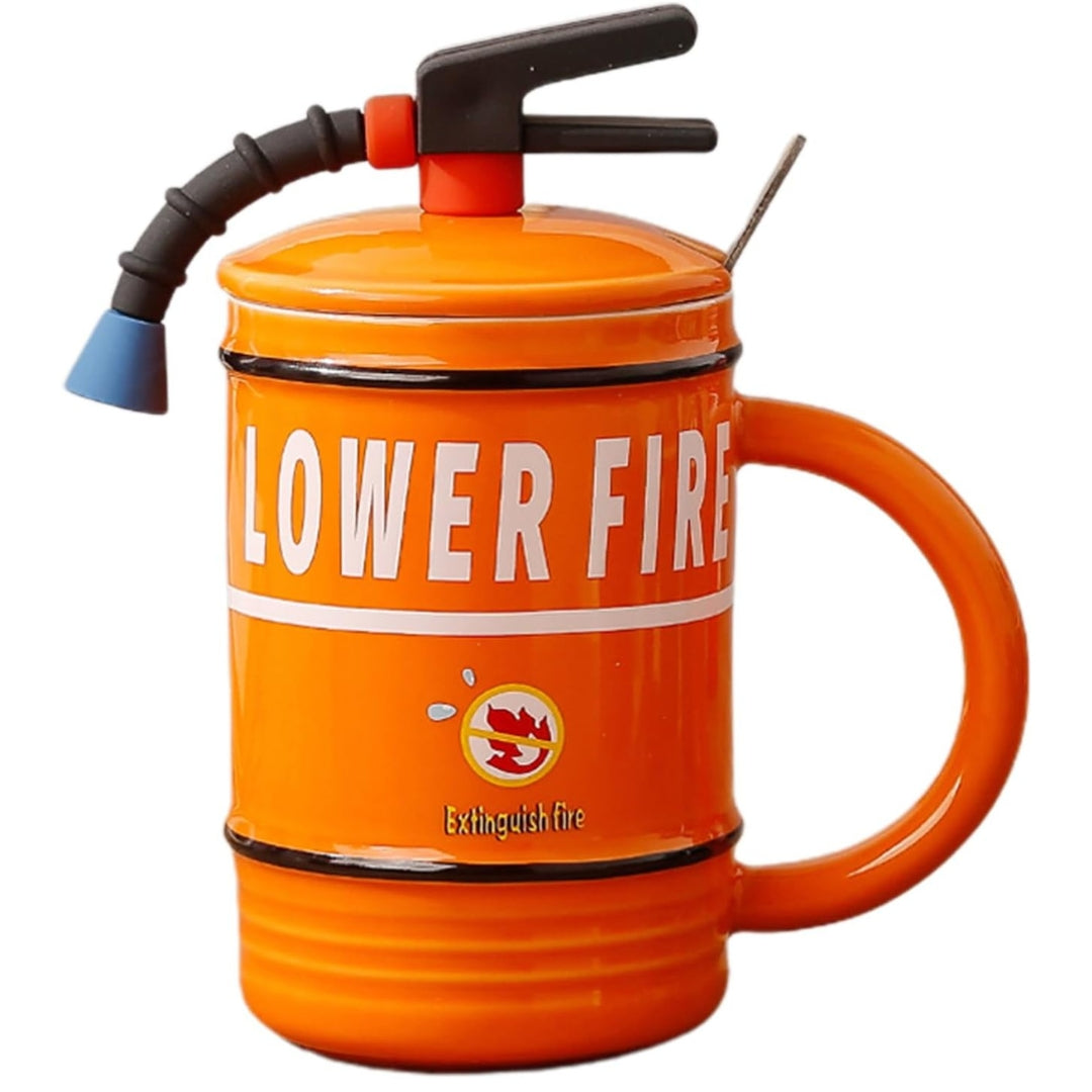 16oz Fire Extinguisher Coffee Mug – Fun Ceramic Mug with Lid & Spoon | Quirky Drinkware Gift (480ml