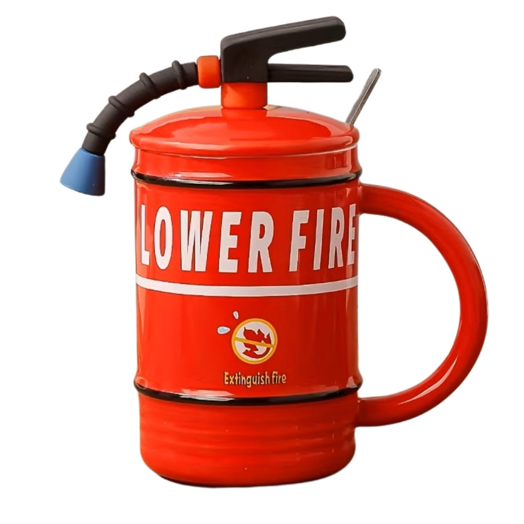 16oz Fire Extinguisher Coffee Mug – Fun Ceramic Mug with Lid & Spoon | Quirky Drinkware Gift (480ml