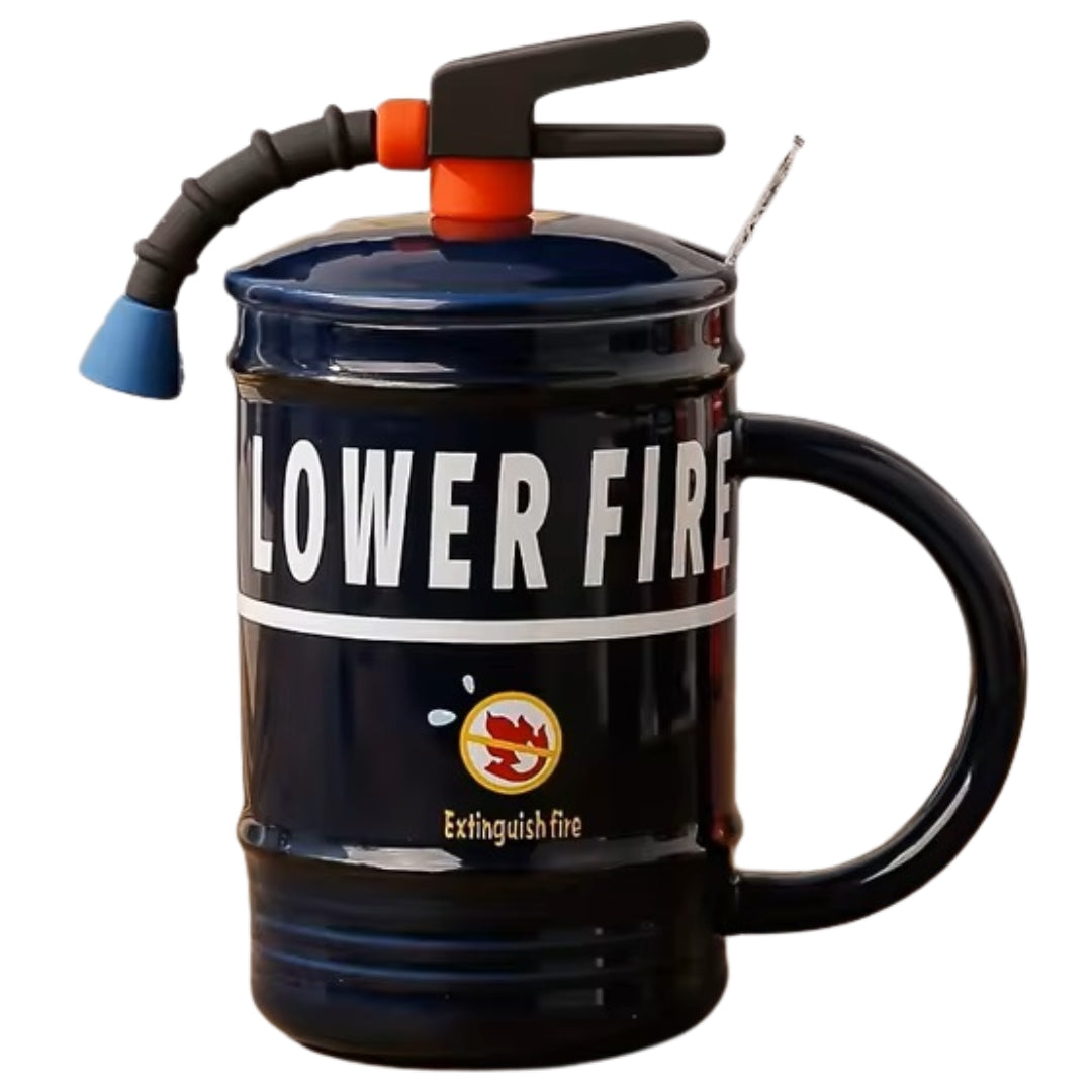 16oz Fire Extinguisher Coffee Mug – Fun Ceramic Mug with Lid & Spoon | Quirky Drinkware Gift (480ml