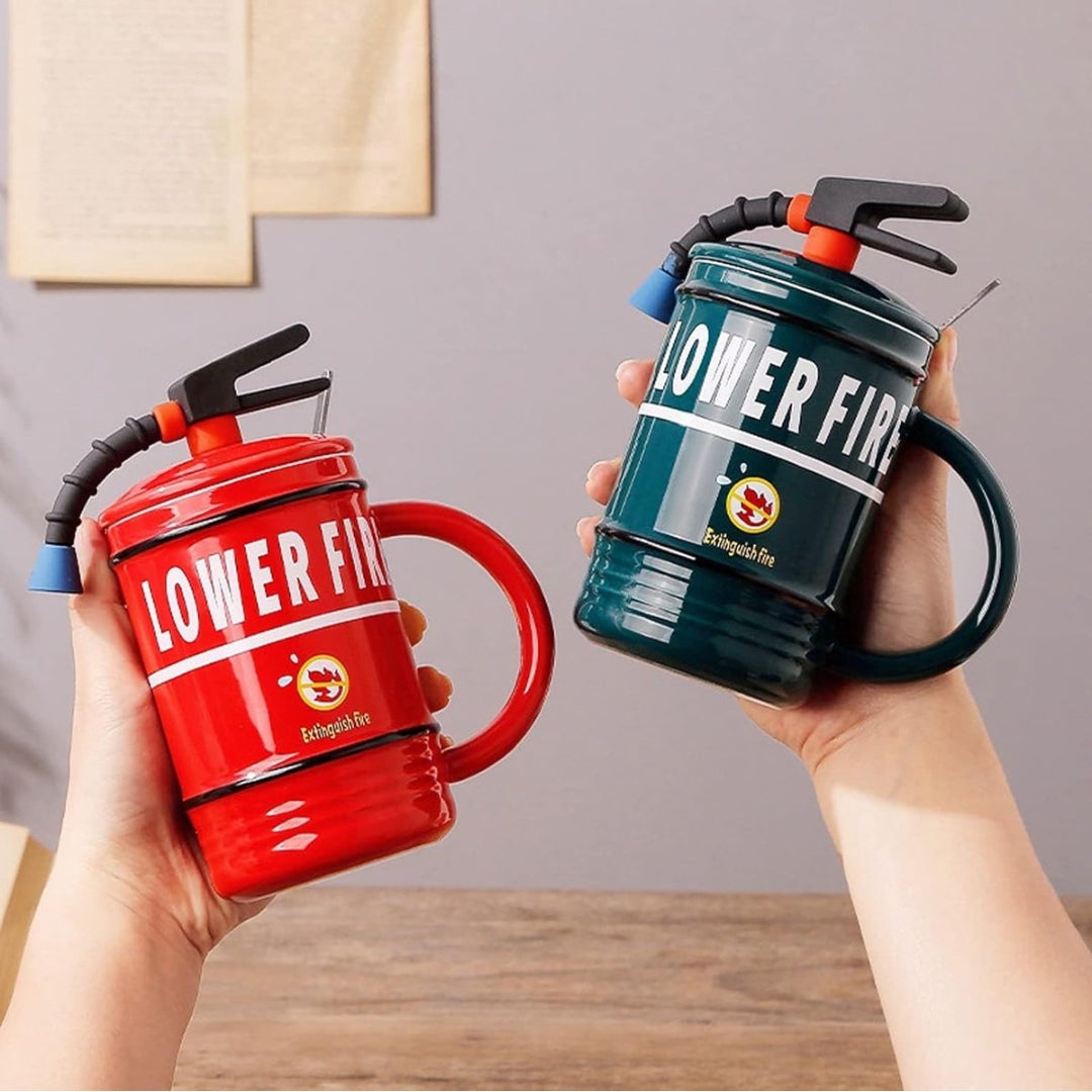 16oz Fire Extinguisher Coffee Mug – Fun Ceramic Mug with Lid & Spoon | Quirky Drinkware Gift (480ml