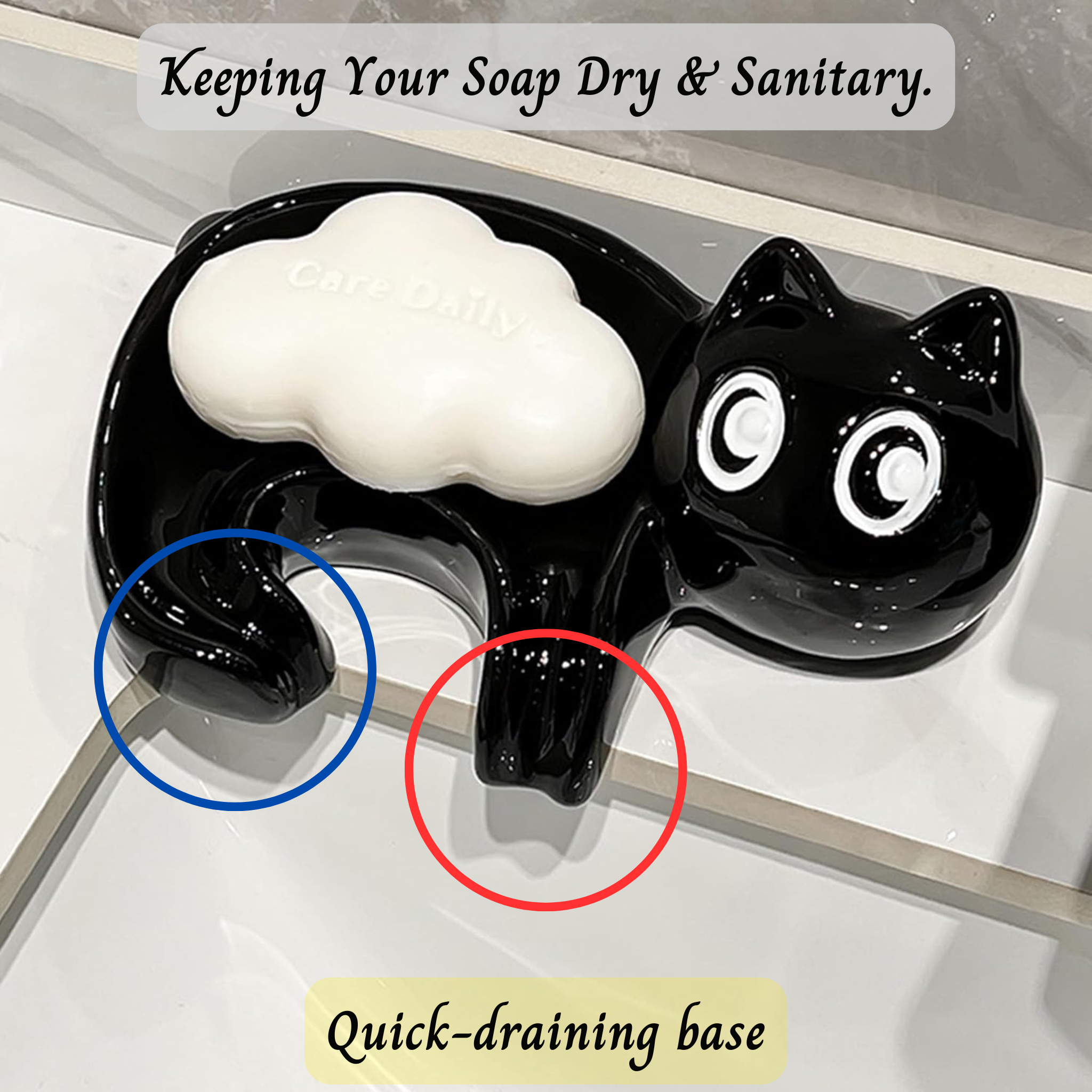 🐱 Cute Cat Ceramic Soap Holder – Drain Soap Dish for Bathroom & Washroom | Decorative Home Accessory